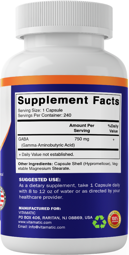 GABA 750mg Gamma Aminobutyric Acid, 240 Capsules
