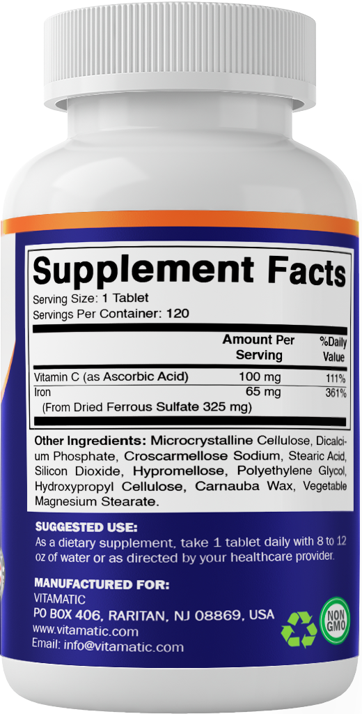 Vitamatic Ferrous Sulfate 325mg + Vitamin C 100mg, 120ct