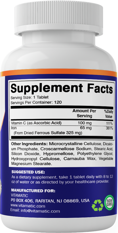 Vitamatic Ferrous Sulfate 325mg + Vitamin C 100mg, 120ct