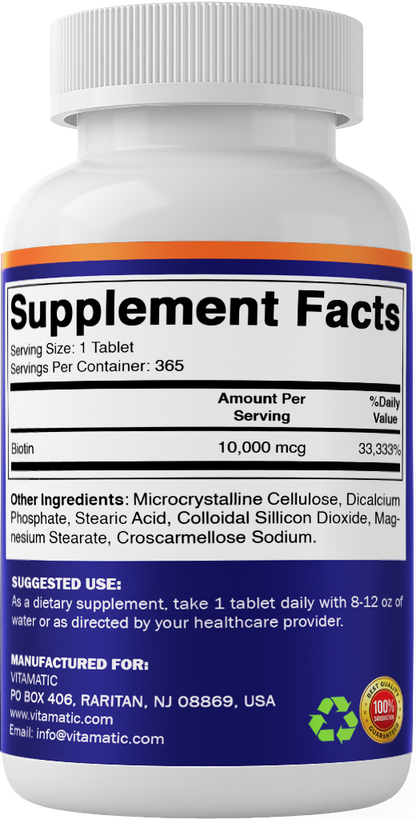 Biotin 10,000 mcg Vegan Supplement, 365 Tablets