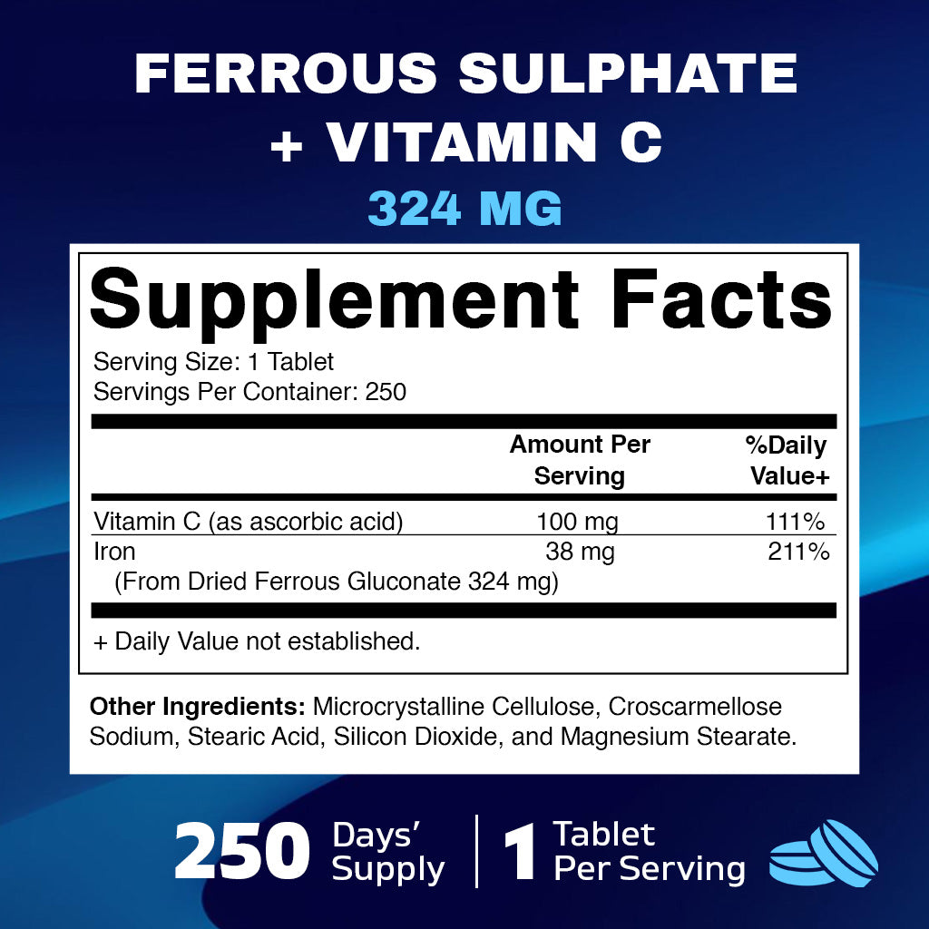 Ferrous Gluconate 324 mg + Vitamin C 100 mg (65 mg Elemental Iron) – 250 Coated Tablets, Made in USA