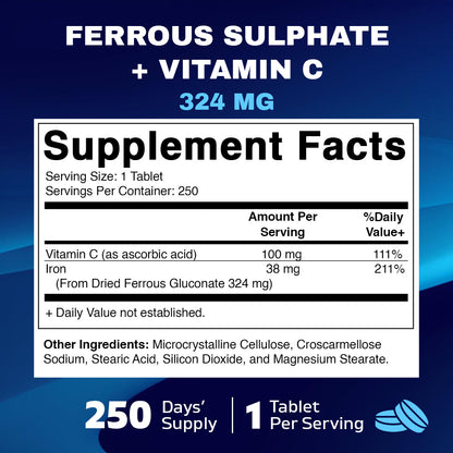 Ferrous Gluconate 324 mg + Vitamin C 100 mg (65 mg Elemental Iron) – 250 Coated Tablets, Made in USA