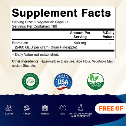 Bromelain 500mg (2400 GDU/gram) -  180 Capsules