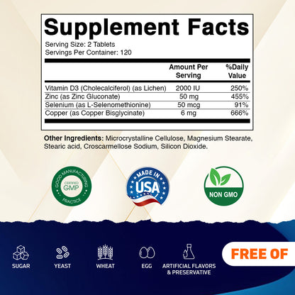 Copper Bisglycinate 6 mg Made with Vitamin D3 2000 IU, Zinc 50mg, Selenium 50mcg - 240 Tablets