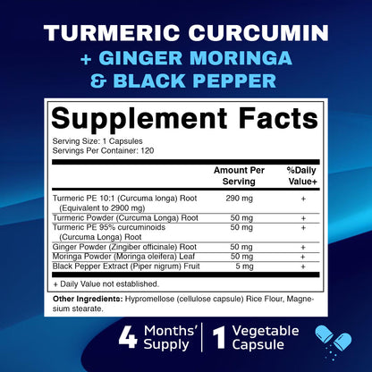 Turmeric Curcumin 3000mg, 95% Curcuminoids, Black Pepper, Ginger, Moringa - 120 Vegetable Capsules