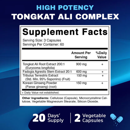 Tongkat Ali Extract 200 :1 Extract for Men (Longjack) Eurycoma Longifolia  1800 mg - 180 Capsules