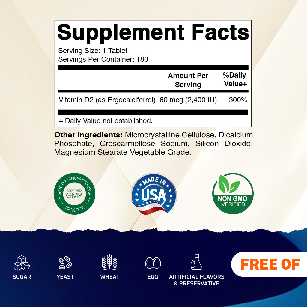 Vitamin D2 60 mcg 2400 IU - 180 Vegetarian Tablets