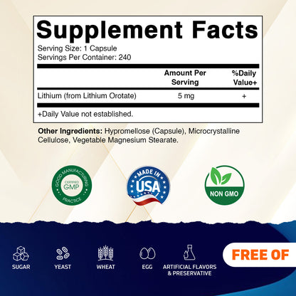 Lithium Orotate 5mg, 240 Veggie Capsules