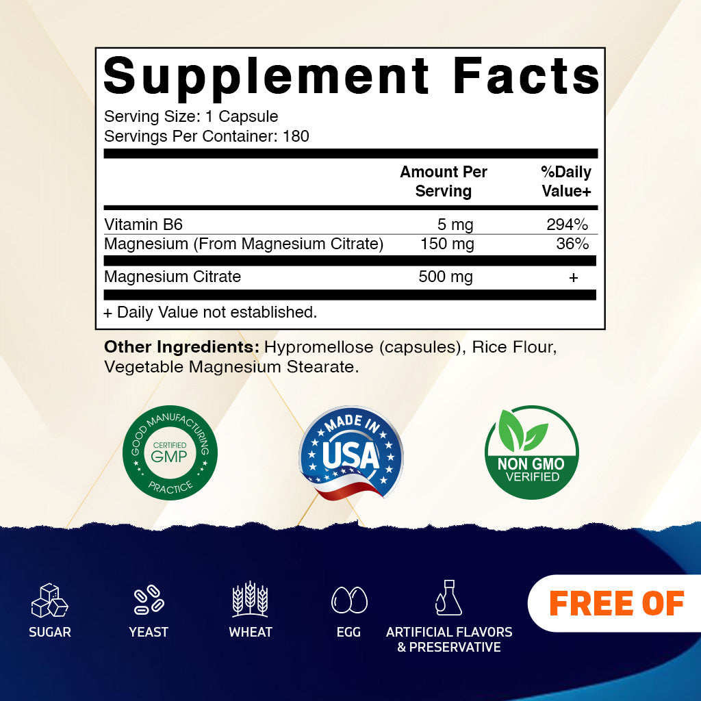 Magnesium Citrate 500mg per Serving 180 Vegetarian Capsules
