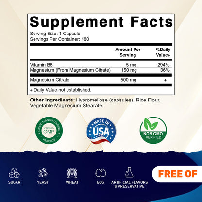 Magnesium Citrate 500mg per Serving 180 Vegetarian Capsules