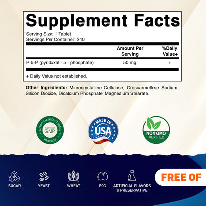 P5P 50 mg – Pyridoxal-5-Phosphate – Active Form of Vitamin B6 – 240 Tablets