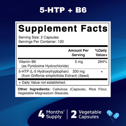 5-HTP 200mg with B6 5mg Per Serving - 240 Vegetarian Capsules