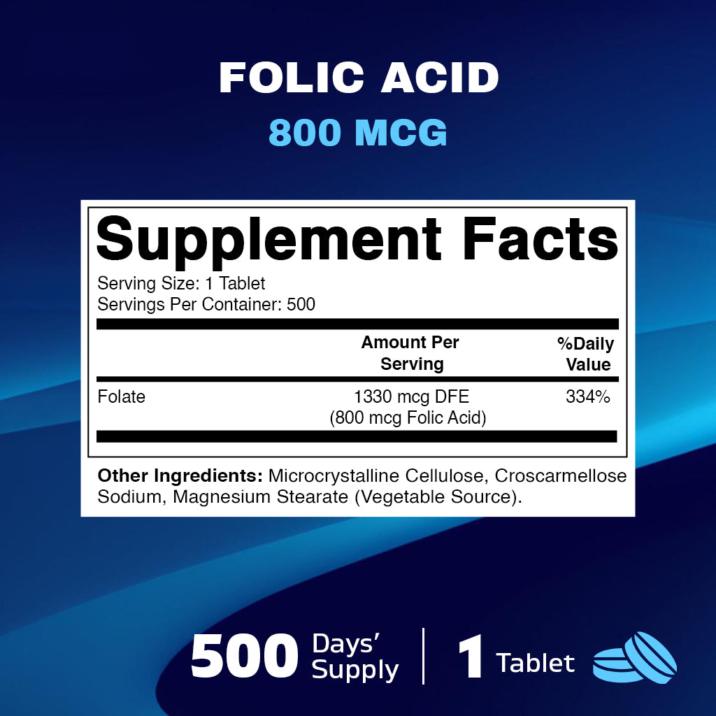 Folic Acid 800mcg - 500 Vegetarian Tablets