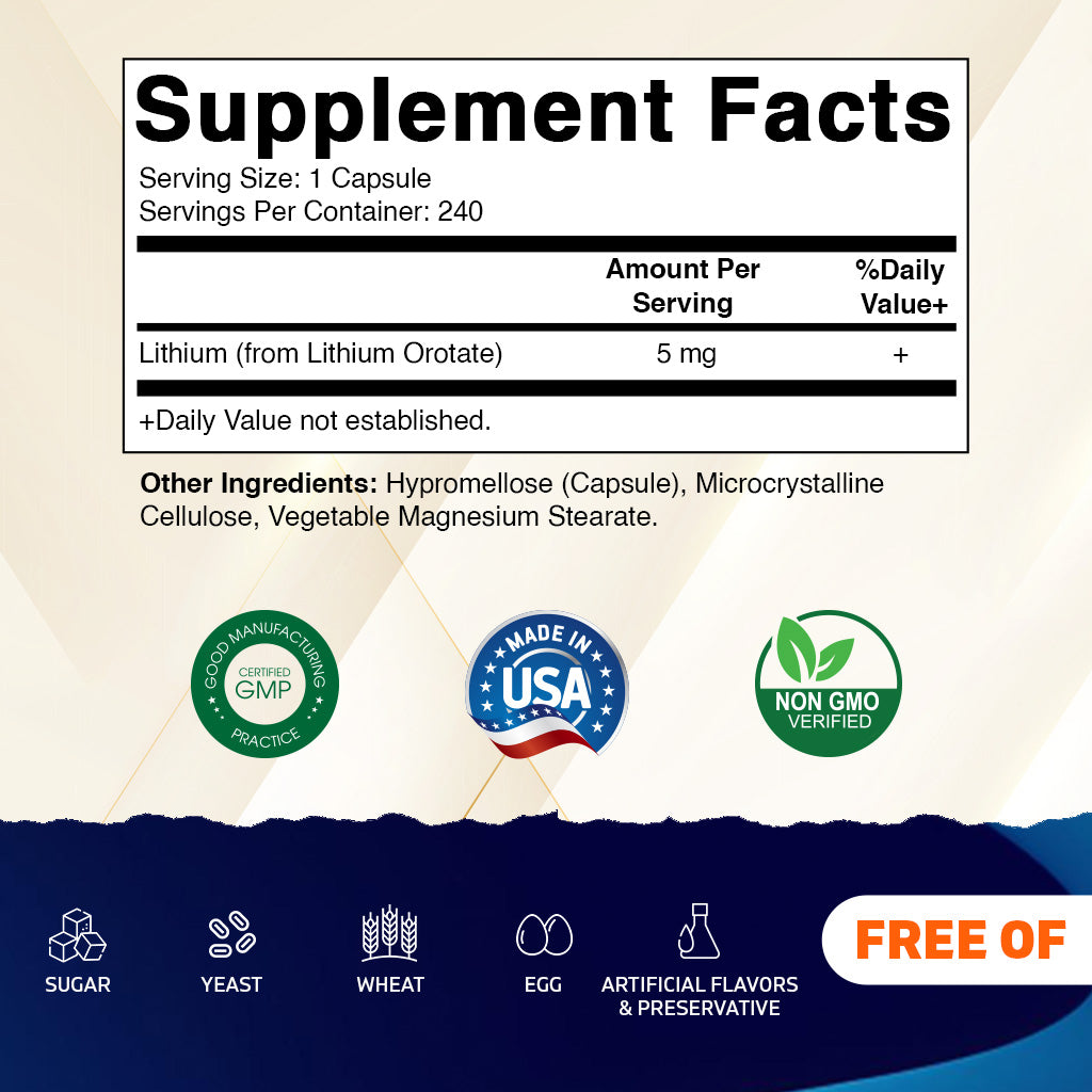 Lithium Orotate 5mg, 240 Veggie Capsules