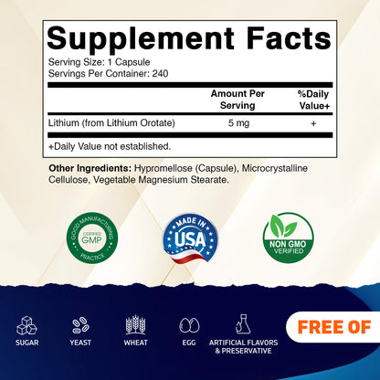 Lithium Orotate 5mg, 240 Veggie Capsules