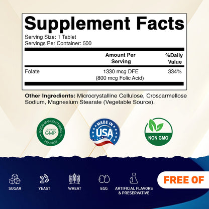 Folic Acid 800mcg - 500 Vegetarian Tablets