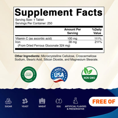 Ferrous Gluconate 324 mg + Vitamin C 100 mg (65 mg Elemental Iron) – 250 Coated Tablets