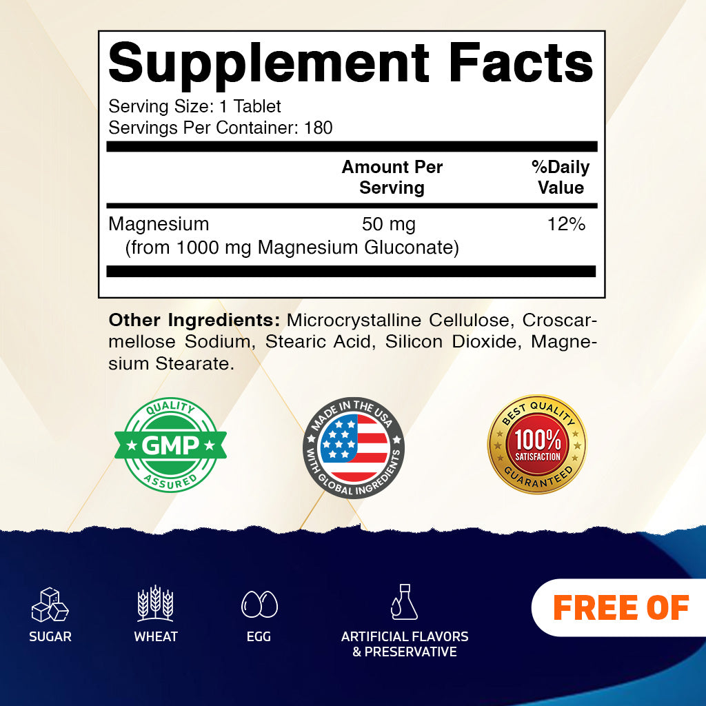 Magnesium Gluconate 1000mg, 180 Tablets