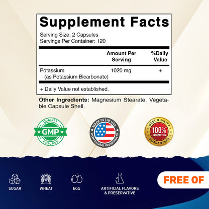 Potassium 1020mg Per Serving Supplement, 240 Veg Capsules