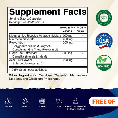 Vitamatic NAD Nicotinamide Riboside Supplement 1300mg 60 Ct - Support Healthy
