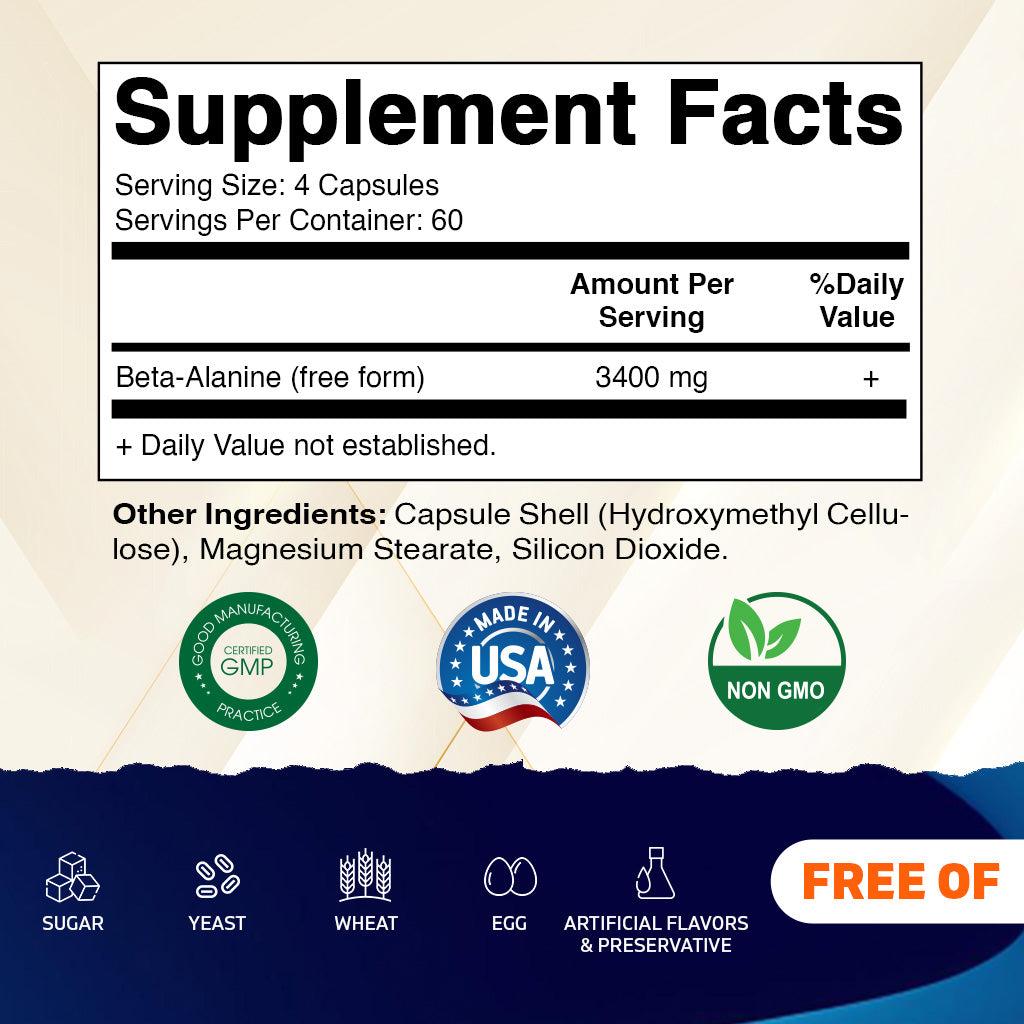 Vitamatic Beta-Alanine 3400 mg Per Serving – Supports Endurance, Muscle Performance & Workout Stamina – 240 Veg Capsules – Non-GMO, Made in USA