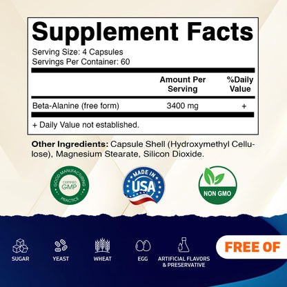 Vitamatic Beta-Alanine 3400 mg Per Serving – Supports Endurance, Muscle Performance & Workout Stamina – 240 Veg Capsules – Non-GMO, Made in USA