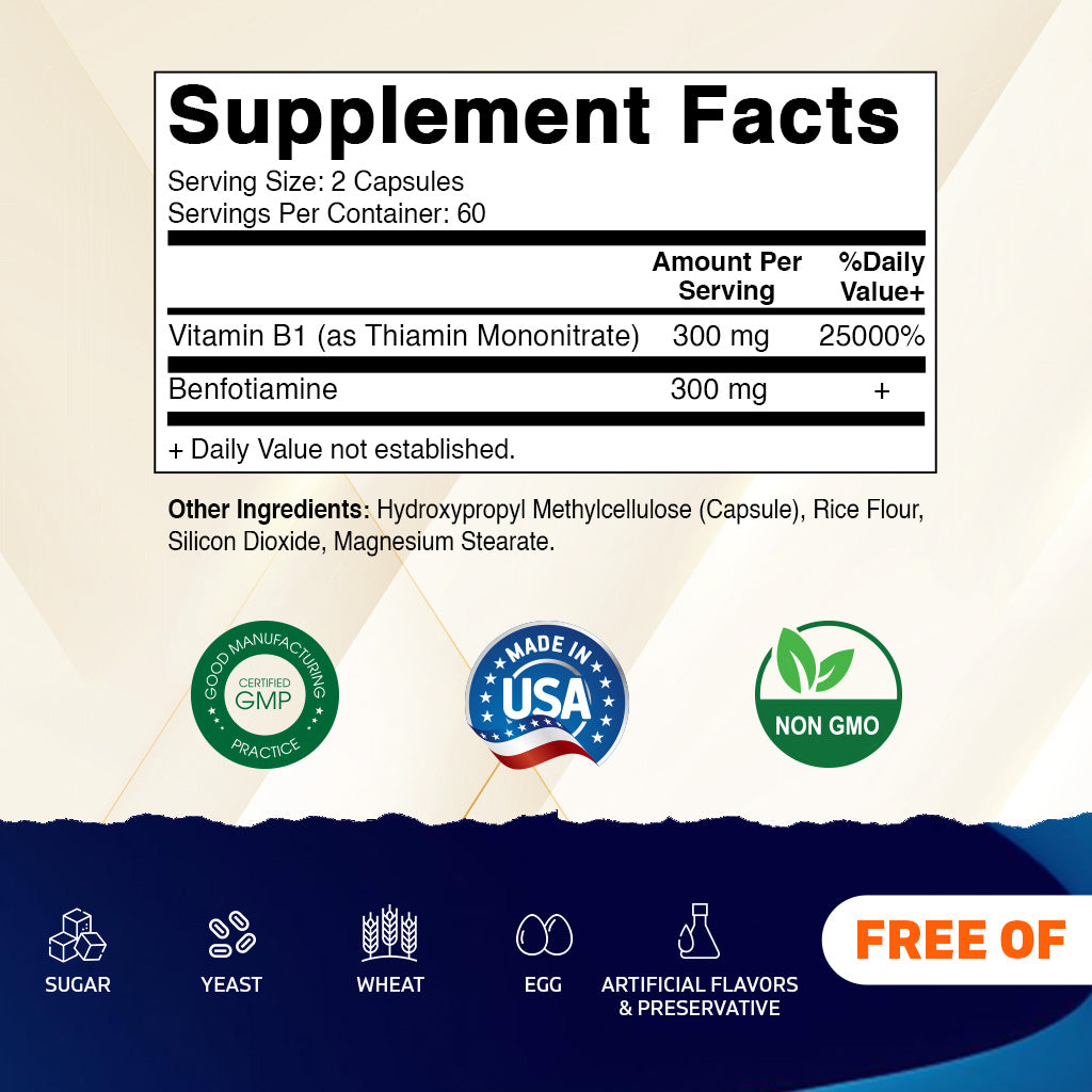 Benfotiamine 300mg + Vitamin B1 300 mg - 120 Vegetable Capsules