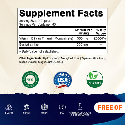 Benfotiamine 300mg + Vitamin B1 300 mg - 120 Vegetable Capsules