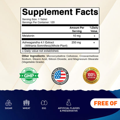 Melatonin 10mg + Ashwagandha 4:1 Extract, 120 Tablets