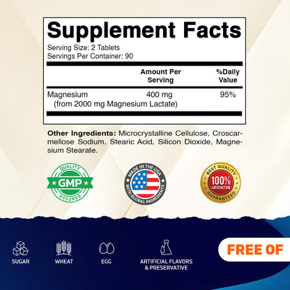 Magnesium Lactate 2000mg per Serving, 180 Tablets