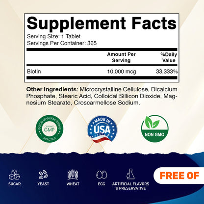 Biotin 10,000mcg - 365 Vegan Tablets