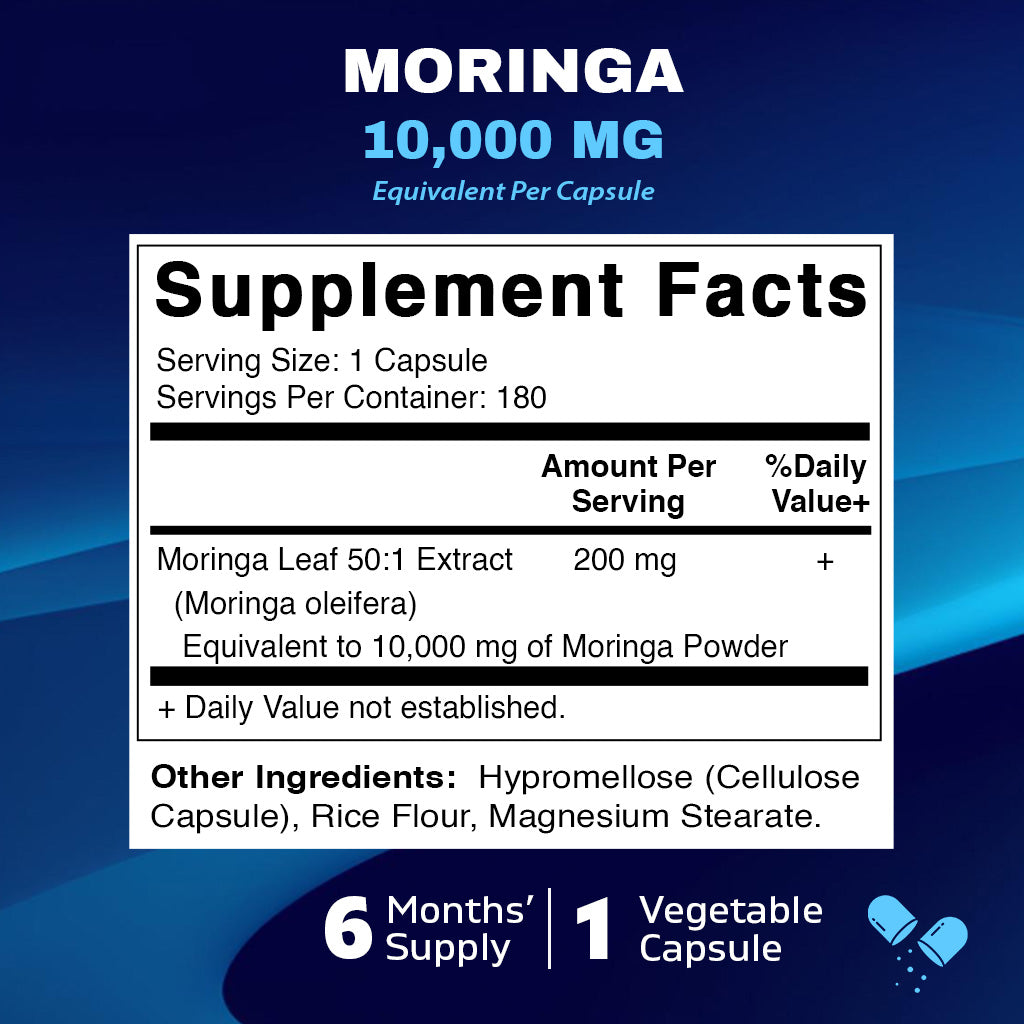 Moringa Capsules 10,000mg - 180 Capsules | Pure Moringa Oleifera Leaf Powder Supplement - Green Superfood Powder Capsules