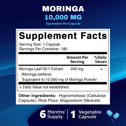 Moringa Capsules 10,000mg - 180 Capsules | Pure Moringa Oleifera Leaf Powder Supplement - Green Superfood Powder Capsules