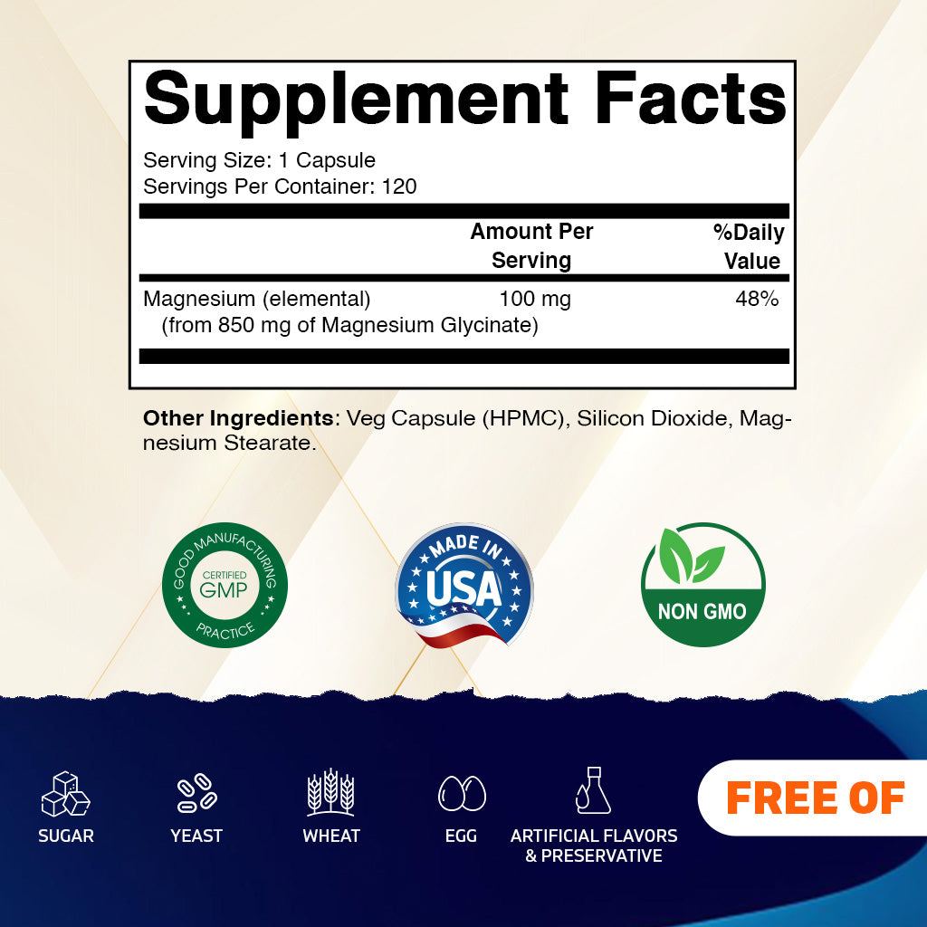 Magnesium Glycinate 850 mg (High Potency) – Supports Muscle, Nerve & Heart Health – 120 Veg Capsules – Non-GMO, Made in USA