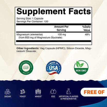 Magnesium Glycinate 850 mg (High Potency) – Supports Muscle, Nerve & Heart Health – 120 Veg Capsules – Non-GMO, Made in USA