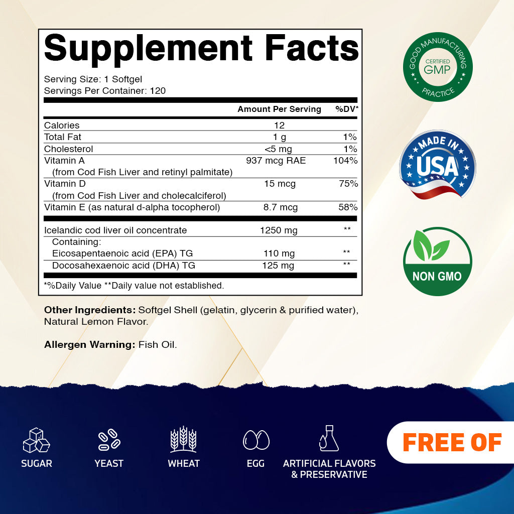Icelandic Cod Liver Oil 1250mg 120 Softgels (Lemon Flavor)