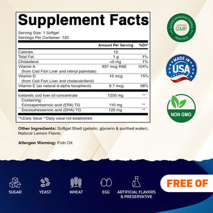 Icelandic Cod Liver Oil 1250mg 120 Softgels (Lemon Flavor)