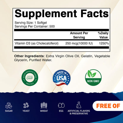 Vitamin D3 10000 IU (250 mcg) - 500 Softgels