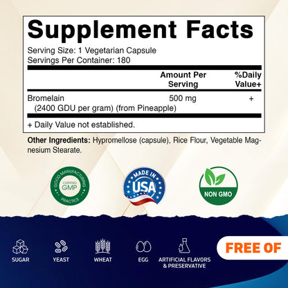 Bromelain 500mg (2400 GDU/gram) -  180 Capsules
