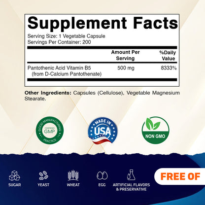 Pantothenic Acid 500 mg - 200 Capsules