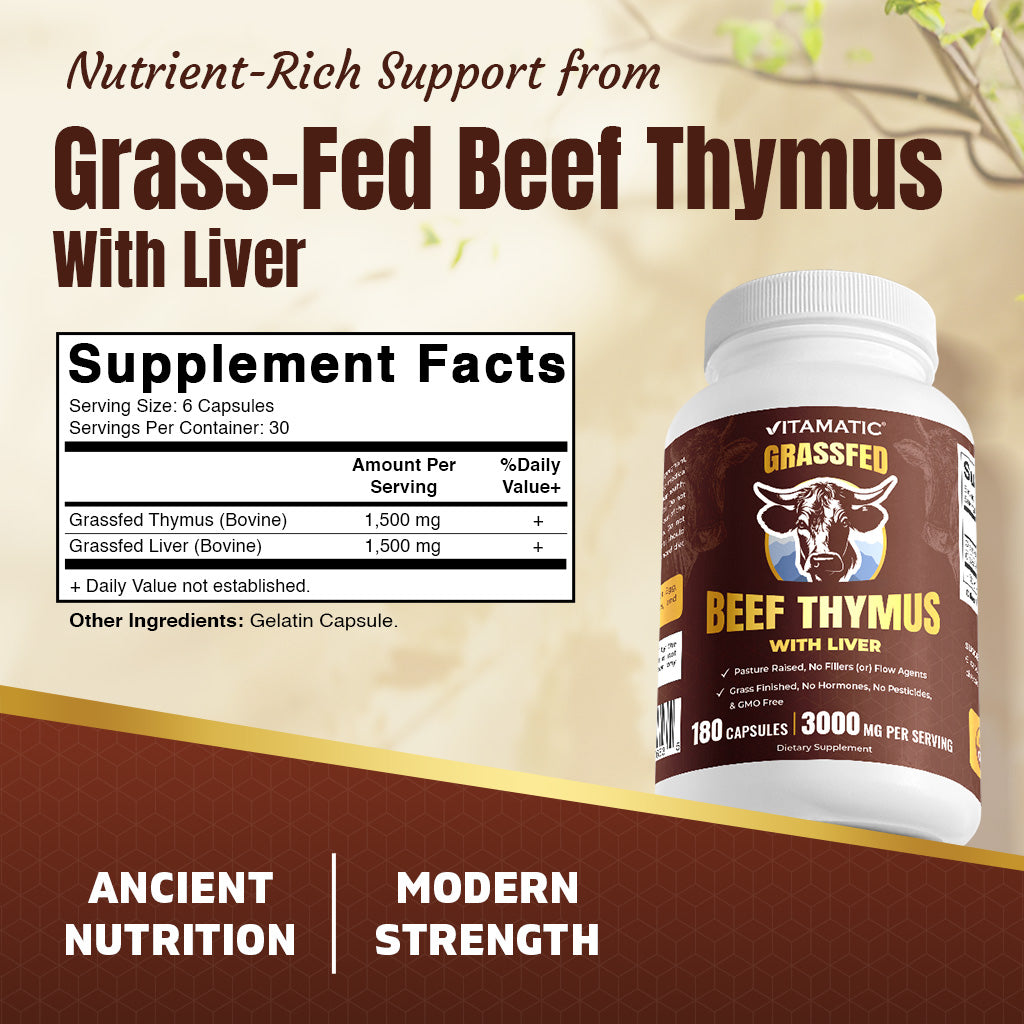 Vitamatic Grass-Fed Beef Thymus + Liver 180 Capsules – Freeze-Dried, Non-GMO, Pasture-Raised, Glandular-Based Formula