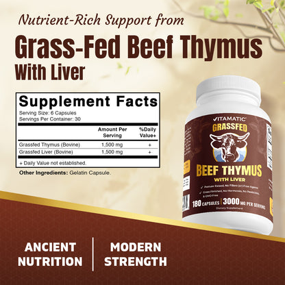 Vitamatic Grass-Fed Beef Thymus + Liver 180 Capsules – Freeze-Dried, Non-GMO, Pasture-Raised, Glandular-Based Formula