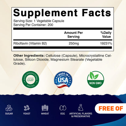 Vitamin B2 250 mg - 200 Capsules