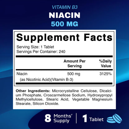 Niacin (Vitamin B3) 500mg, Sustained Release - 240 Tablets