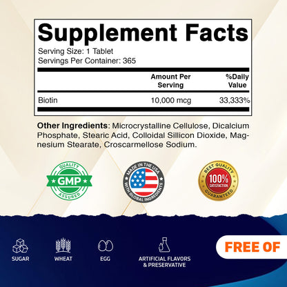 Biotin 10,000 mcg Vegan Supplement, 365 Tablets