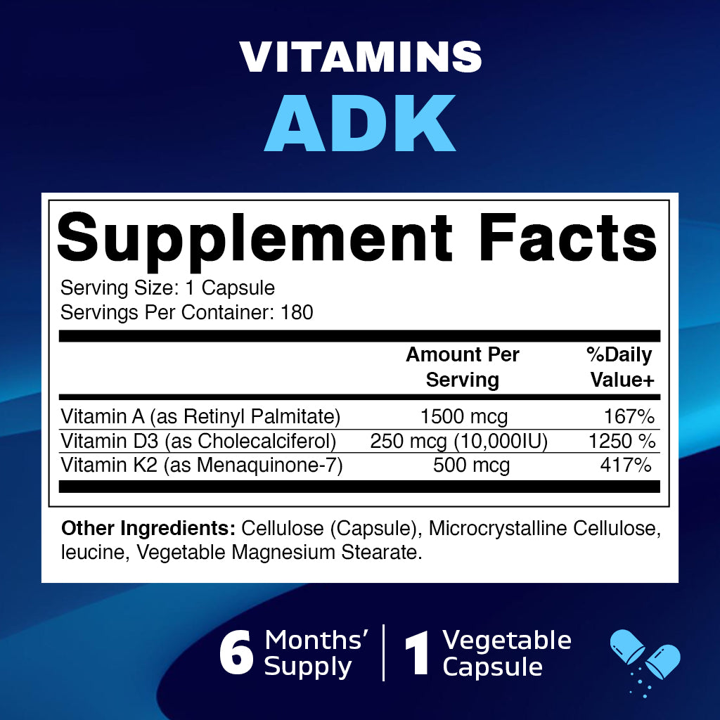 ADK Vitamin Supplement, 180 Veg Capsules (Vitamins A, D3, K2)