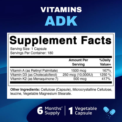 ADK Vitamin Supplement, 180 Veg Capsules (Vitamins A, D3, K2)