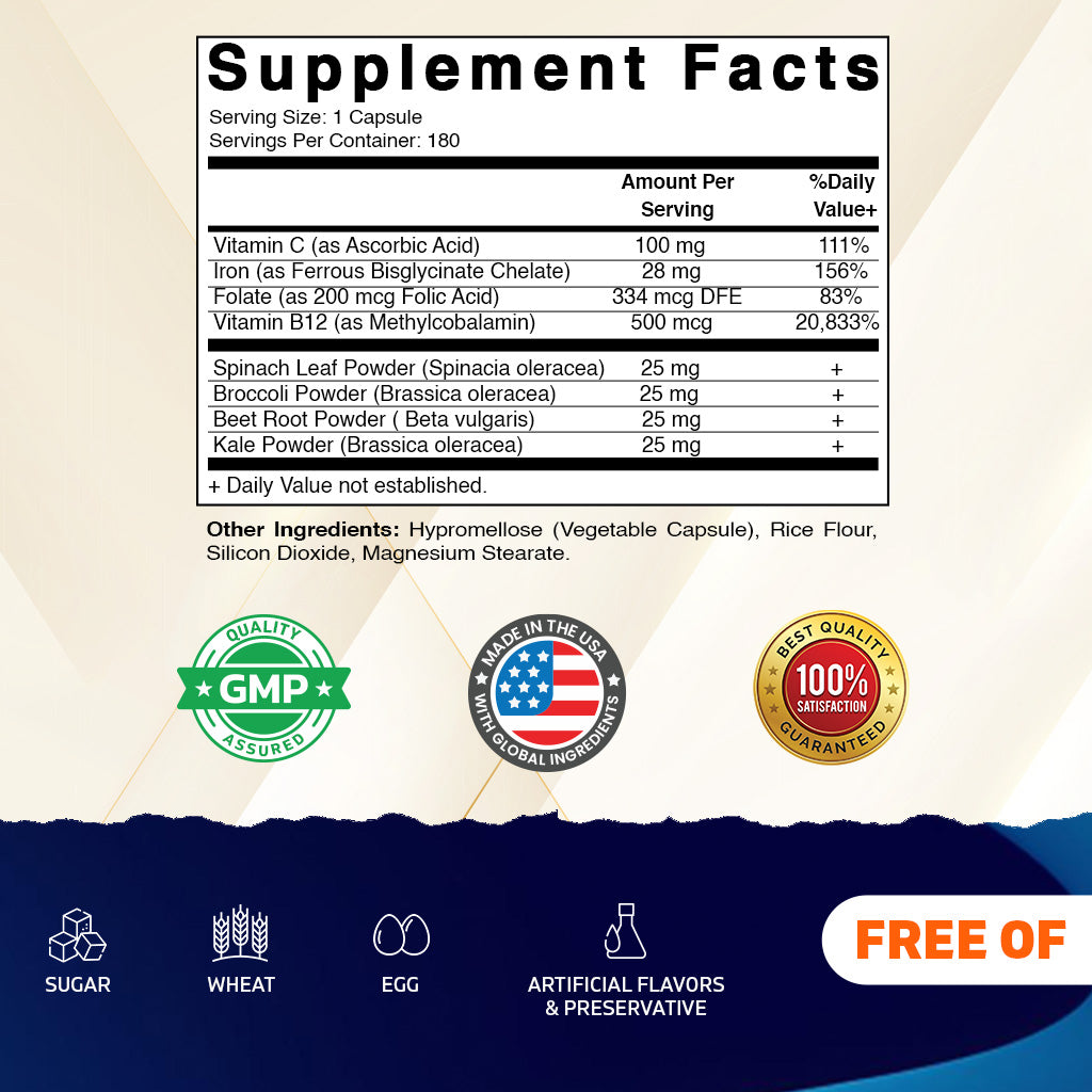 Vegan Iron + Vitamin C, B6, B12 & Folate Capsules