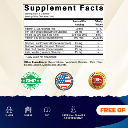 Vegan Iron + Vitamin C, B6, B12 & Folate Capsules