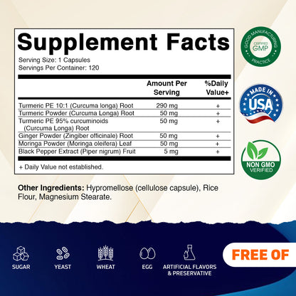 Turmeric Curcumin 3000mg, 95% Curcuminoids, Black Pepper, Ginger, Moringa - 120 Vegetable Capsules